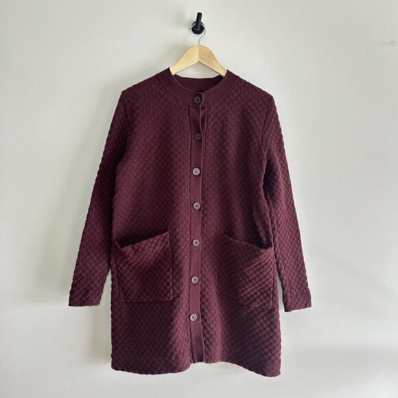 COS Textured Knit Long Quilted Jacquard Burgundy Cardigan Size S - Picture 3 of 7